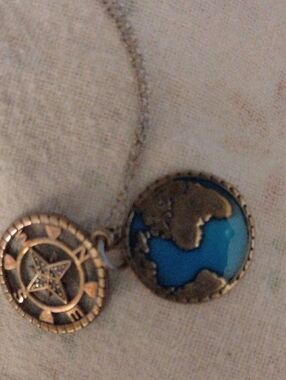 Bronze Globe and Compass Pendant Necklace with Turquoise Inlay